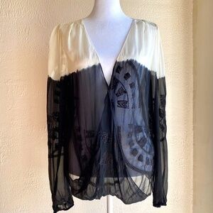 Twelfth Street by Cynthia Vincent silk wrap front top in black and ivory Sz L